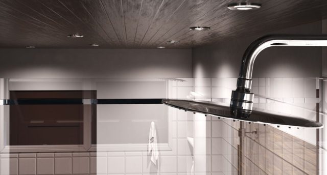 Best LED Bulbs for Bathrooms: Brightness, Colour & Efficiency A closeup of a showerhead in the foreground, multiple downlights on the wooden ceiling, and the upper part of the bathroom walls.