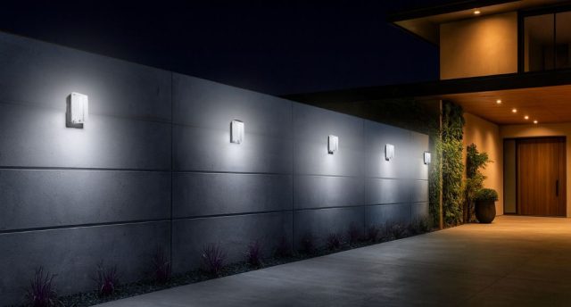 Best Outdoor Uses for LED Bulkhead Lights An outdoor wall of a modern home with five LED bulkhead lights installed and glowing with bright white light.