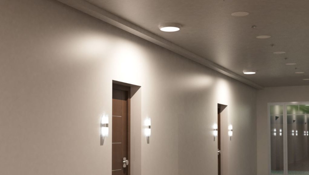 A hallway with two visible doors, both with wall lights on each side, and a single indoor bulkhead light on the ceiling directly above them.