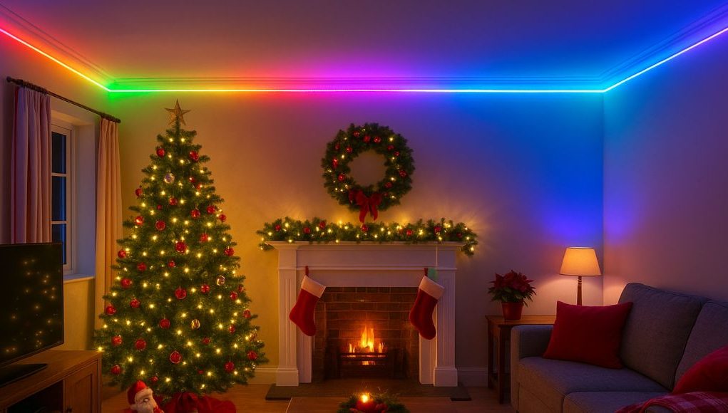 A dimly lit living room with a Christmas tree, a fireplace, and a ceiling with RGB strip lighting on the cove.