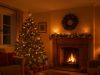 A cosy living room lit only by warm lights with the fireplace adorned with Christmas decorations and a tree to the side.