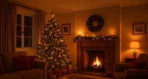 A cosy living room lit only by warm lights with the fireplace adorned with Christmas decorations and a tree to the side.