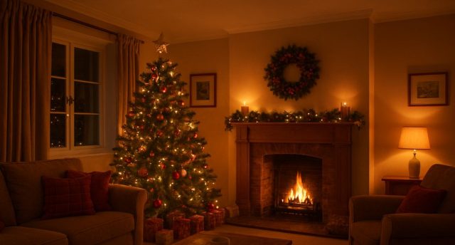 Cosy Christmas Living Room Lighting Ideas A cosy living room lit only by warm lights with the fireplace adorned with Christmas decorations and a tree to the side.