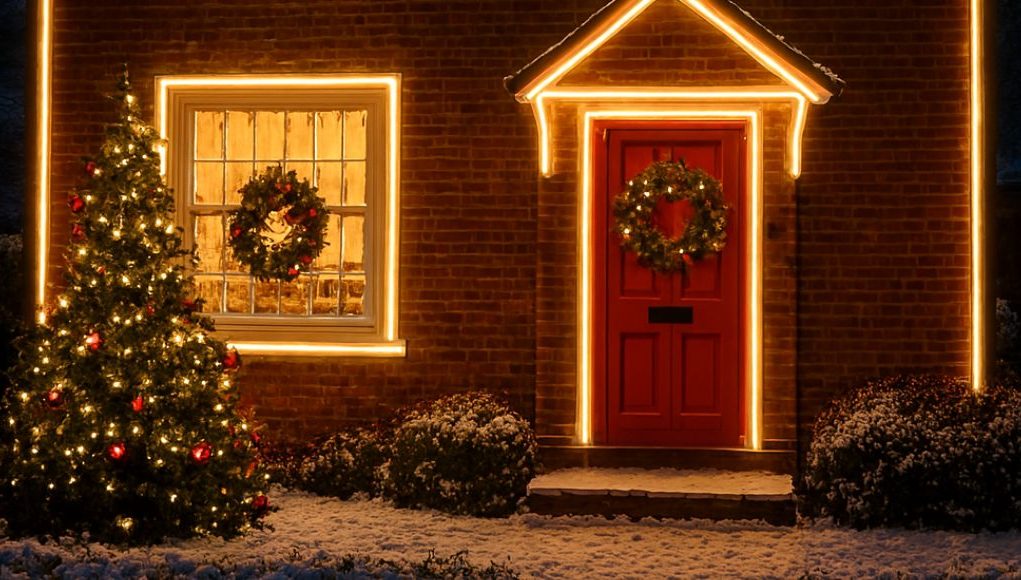 A home filled with outdoor lighting decorations and a Christmas tree in front.