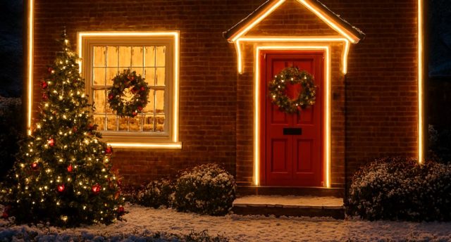 Creating Festive Window Displays with LED Neon Flex & Strip Lights A home filled with outdoor lighting decorations and a Christmas tree in front.