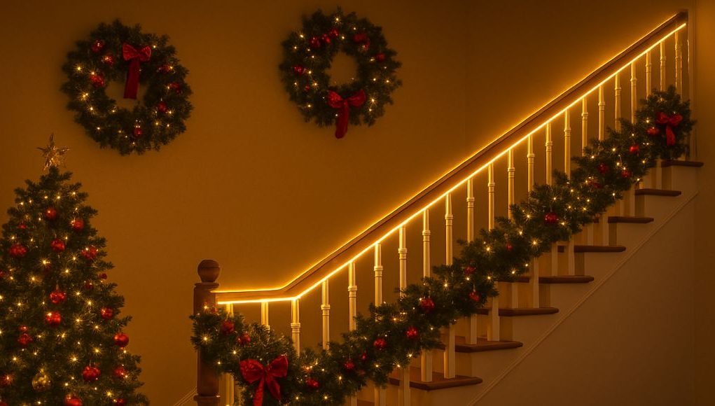 DIY Christmas Lighting Projects 1 A staircase with its hand rail lit up by LED strip lights.