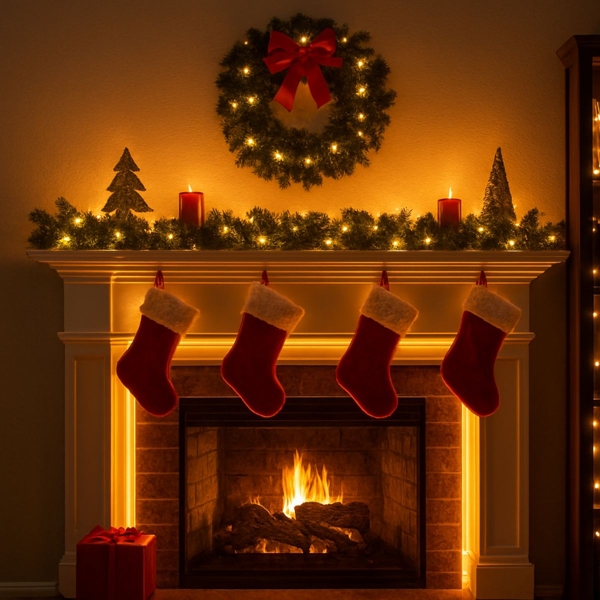 A fireplace mantel with socks hanging in front of it, LED strip lights lining the sides and top, and more decorations on top of it.