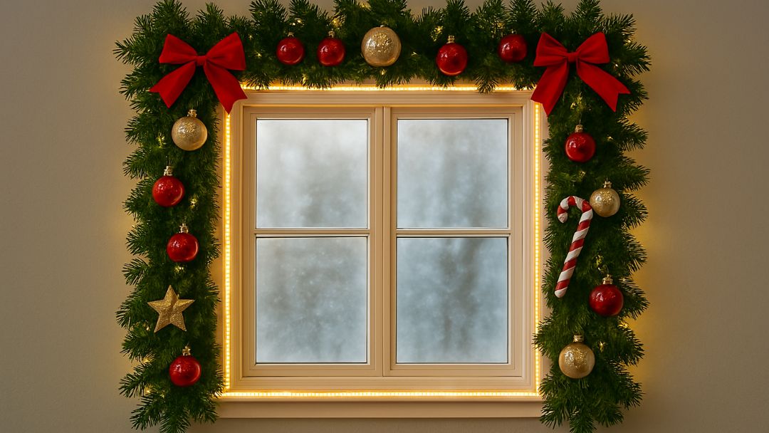 A window adorned with a Christmas garland with LED strip lights along the frame.