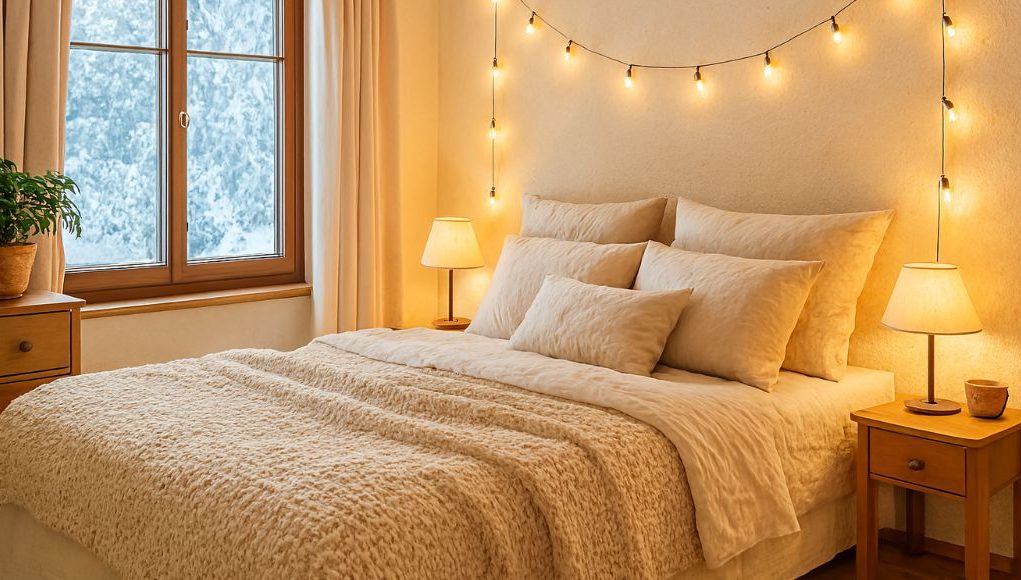 A bedroom in the winter with warm lighting.