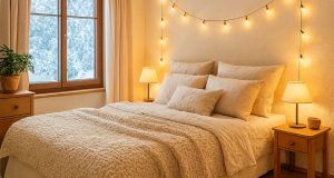 A bedroom in the winter with warm lighting.