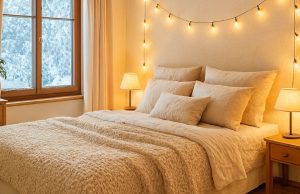 A bedroom in the winter with warm lighting.