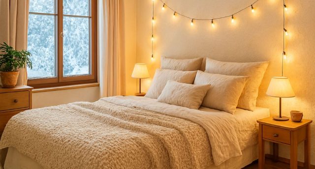 A bedroom in the winter with warm lighting.