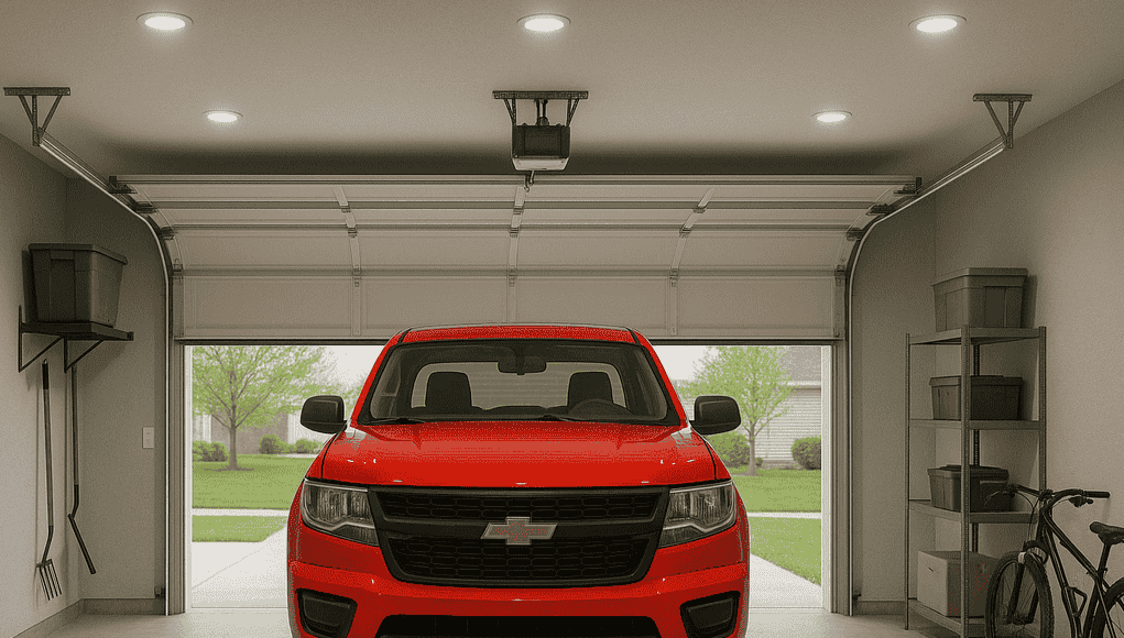 Grarage with LED downlights (with vehicle and open door)