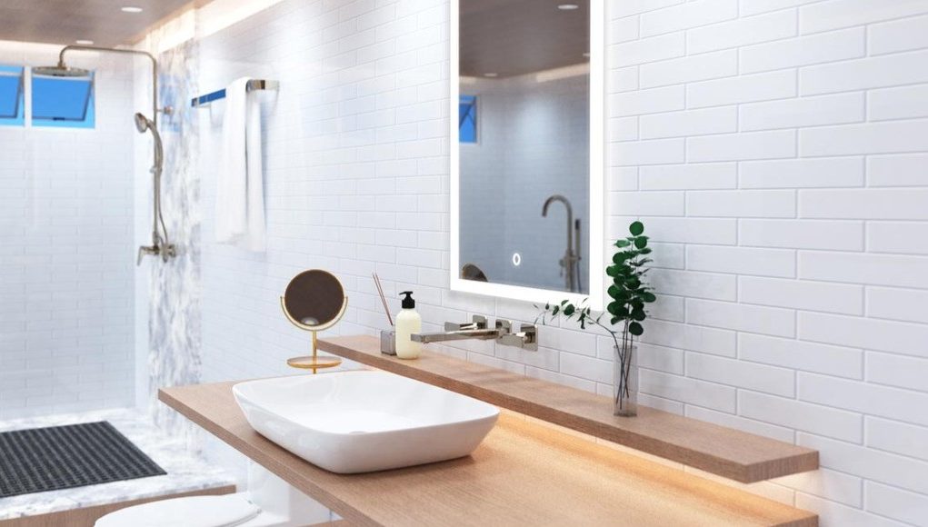 Bathroom with LED mirror (angle 1)