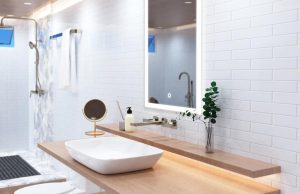 How to Layer Bathroom Lighting for Task, Ambient, and Accent Bathroom with LED mirror (angle 1)