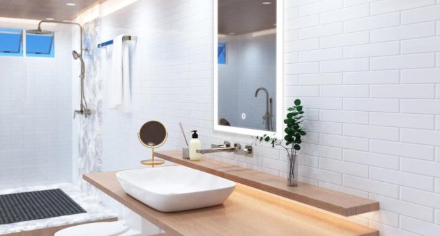 How to Layer Bathroom Lighting for Task, Ambient, and Accent Bathroom with LED mirror (angle 1)