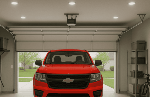 Grarage with LED downlights (with vehicle and open door)