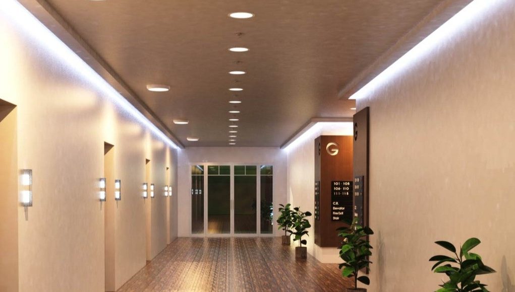 Hallway with LED bulkheads