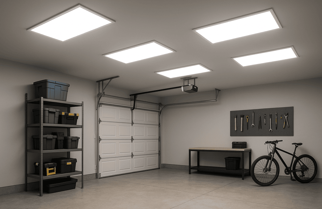 garage illuminated by LED panel lights
