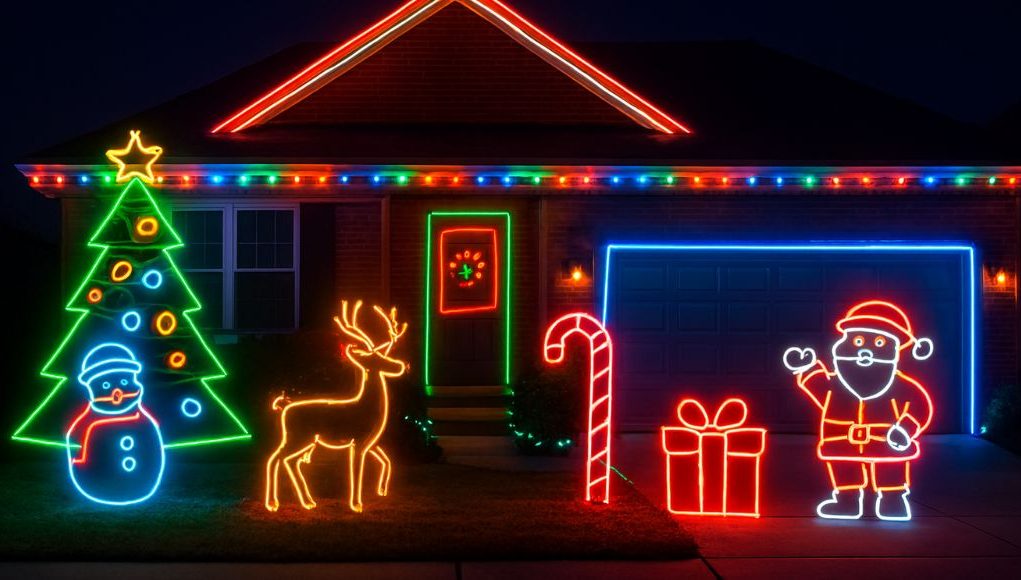 LED Neon Flex Christmas 1 An outdoor Christmas decoration of a home using LED neon lights.