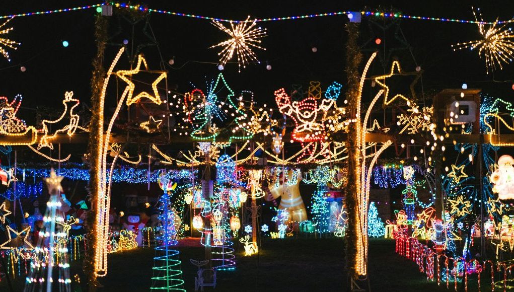 Low-Energy Christmas Lighting 1 A lot of random glowing Christmas decorations outdoors.