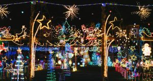 A lot of random glowing Christmas decorations outdoors.