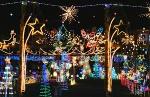 A lot of random glowing Christmas decorations outdoors.