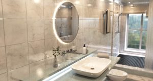A modern bathroom with a round LED mirror over a vanity, and the shower area is behind a glass partition.