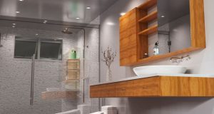 A sink-level image of a bathroom showing all the different bathroom fixtures and multiple LED downlights on the ceiling.