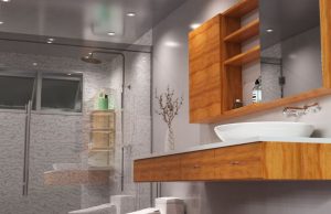 A sink-level image of a bathroom showing all the different bathroom fixtures and multiple LED downlights on the ceiling.