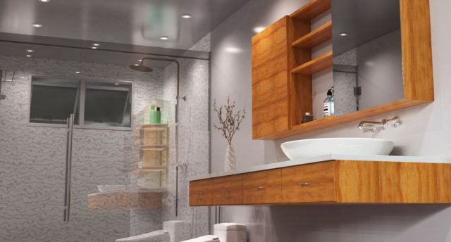 Small Bathroom Lighting Ideas to Make the Space Feel Bigger A sink-level image of a bathroom showing all the different bathroom fixtures and multiple LED downlights on the ceiling.