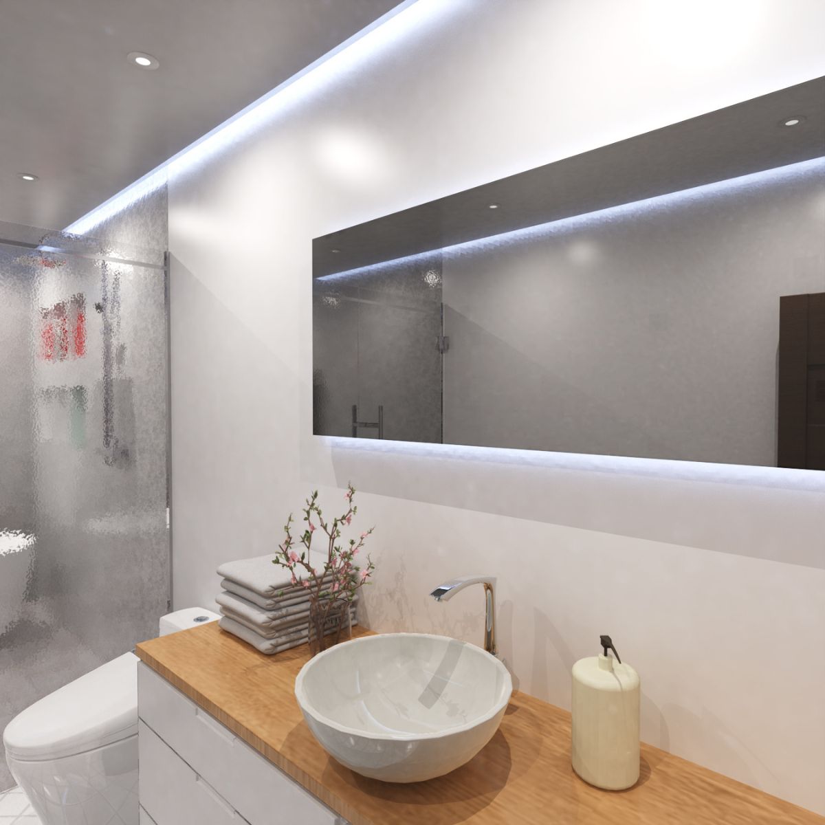 A bright modern bathroom with cool white lighting.