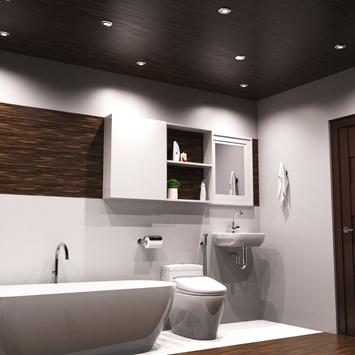 A bathroom with the bath, toilet, and sink areas very close to each other. Multiple downlights are visible on the ceiling.