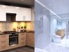 A side-by-side image of a modern kitchen and bathroom.