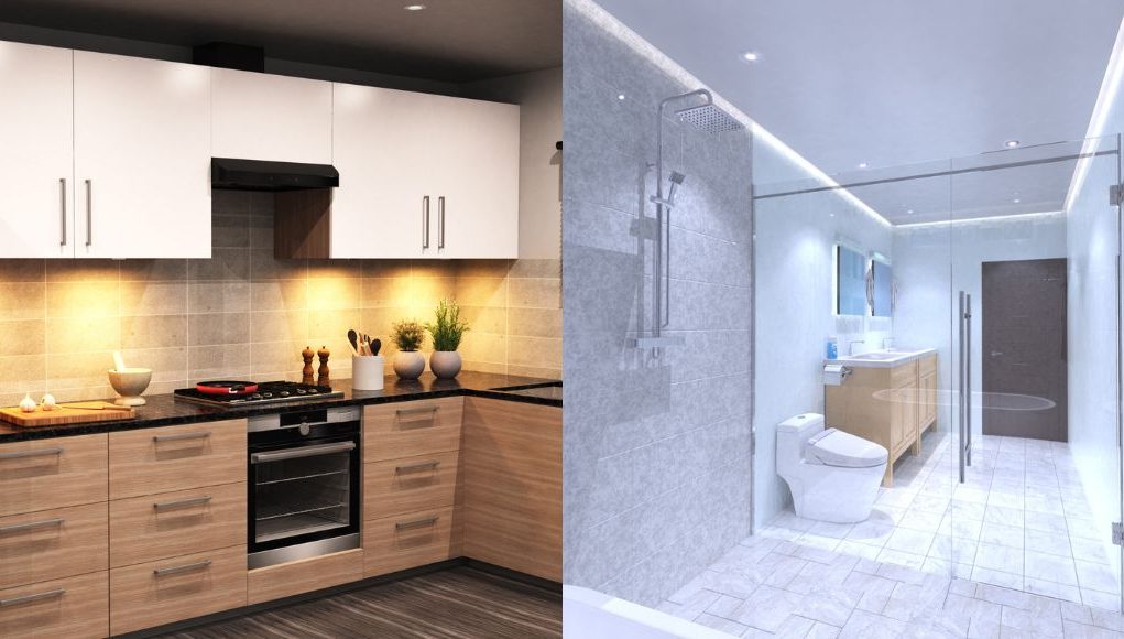 A side-by-side image of a modern kitchen and bathroom.