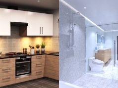 A side-by-side image of a modern kitchen and bathroom.