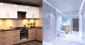 A side-by-side image of a modern kitchen and bathroom.