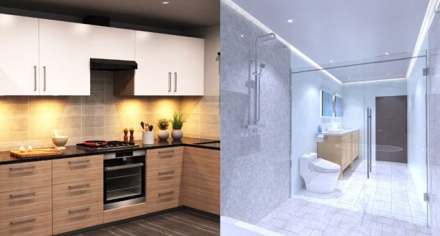 The Best Smart Lighting Ideas for Modern Kitchens and Bathrooms A side-by-side image of a modern kitchen and bathroom.