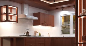 A well-lit modern kitchen with white walls, wooden cabinets and ceiling.