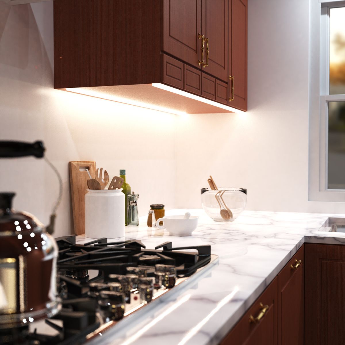 A kitchen countertop with under-cabinet LED strip lighting.