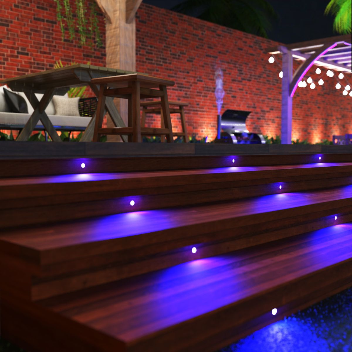 The steps of an outdoor deck with purple lights, tables, chairs, and a pergola are seen in the background.