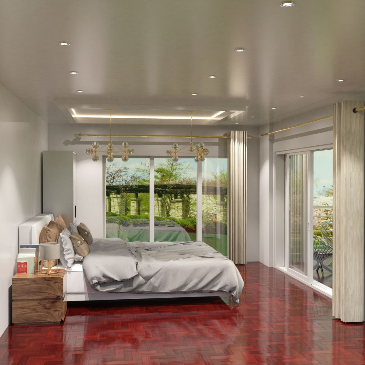 A bright bedroom with two large windows and a red floor.