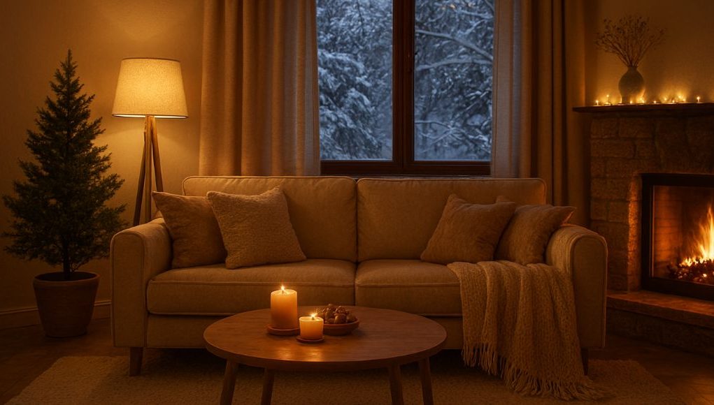 A warm living room with a window in the middle with the winter outdoors visible.