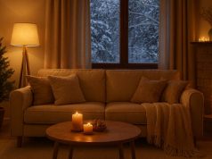 A warm living room with a window in the middle with the winter outdoors visible.
