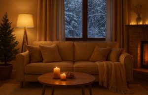 Warm White LED Ideas to Make Your Home Feel Cosy in Winter A warm living room with a window in the middle with the winter outdoors visible.