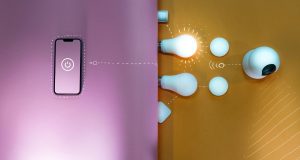 A creative representation of smart lighting with the phone on one side connected through doodles to the bulbs and other devices on the other side.