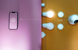 A creative representation of smart lighting with the phone on one side connected through doodles to the bulbs and other devices on the other side.