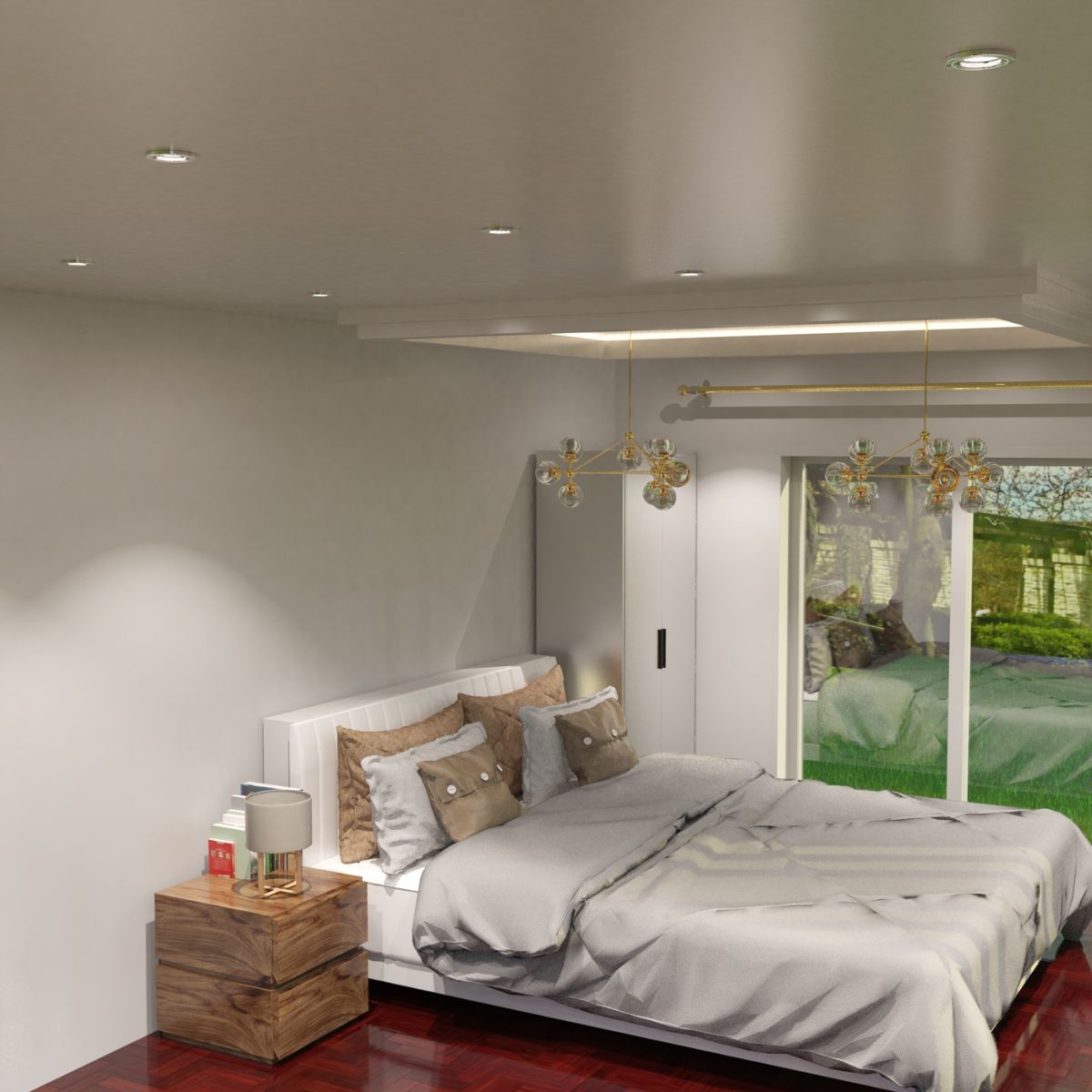 A downward view of a bedroom with a large window to the side and multiple downlights in the ceiling.