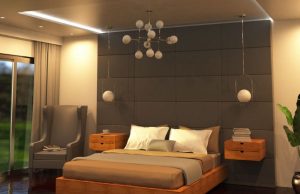 Bedroom Lighting Ideas for Comfort and Style A modern bedroom washed in warm lighting from recessed ceiling lights and strip lights, a statement pendant light is hanging in the middle.