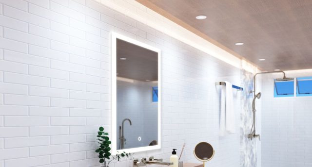 A bright modern bathroom with an LED bathroom mirror, strip lights lining the ceiling, and multiple LED downlights.